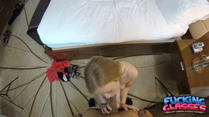 Teen takes off her red dress and swallows a boner