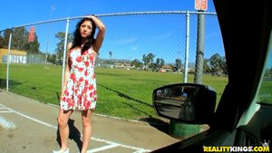 Green eyed brunette flashing