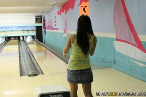 Busty bowling fan gets her pussy fucked on a bed