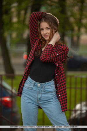 Brunette teen jeans red