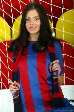 This sultry brunette sports a barcelona uniform getting fans riled up