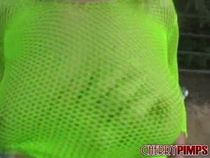 Blonde skank in neon green squirts all over the place after getting fucked