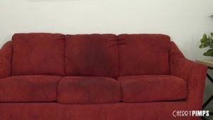 Slim brunette shows lucky guy all her favorite sexy positions on a red couch