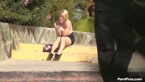 Short haired blonde saw a peek of a fat cock in public