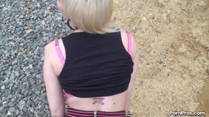 Slutty blonde with perky tits sucks and fucks by the railroad