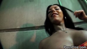 Lewd babe gets down and sucks her man's big cock in public