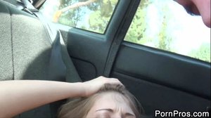 Thin chick got her newly shaved pussy fucked in the car