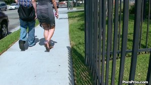 Thick redhead in gray dress bends over and fucked in public
