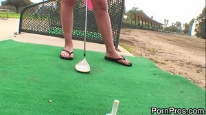 Busty teen gets a cock sucking training from her golf instructor