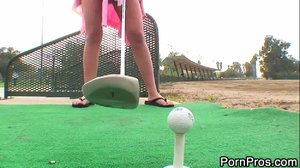 Busty teen gets a cock sucking training from her golf instructor