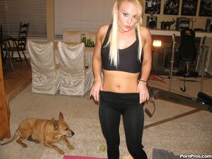 Kinky blonde in pink lingerie enjoys getting a passionate sex after yoga