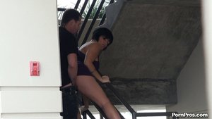 Short haired raven loves to get fucked on the staircase