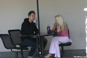 Cheating blonde housewife talks dirty with her lover in public