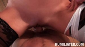 Young petite slut gets a facial after her bdsm bang