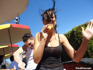 Raven haired hottie shows her love for different kinds of hotdogs
