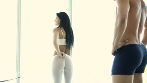 Raven haired babe in white yoga pants ripped and fucked to orgasm