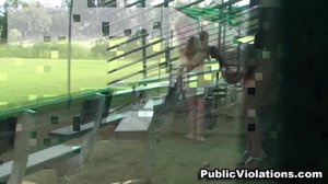 Bent over a bench, this green haired slut gets rammed in her cunt