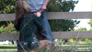 Leaning against a wooden fence, he grips her waist, hiking her skirt for access