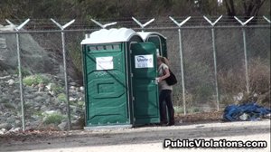 This blonde in jeans and white, meets a guy behind the portable toilet for some fun