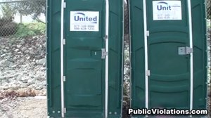 This blonde in jeans and white, meets a guy behind the portable toilet for some fun