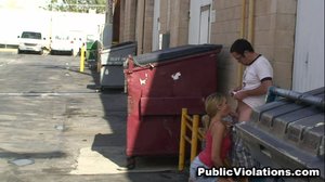 Out back, behind a dumpster, she takes him standing up, bent over