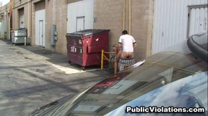 Out back, behind a dumpster, she takes him standing up, bent over