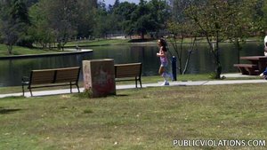 After some hot stretching, this nymph in short shorts jogs in the park