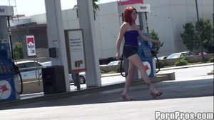 Sporting a blue tube top and short jean shorts, she gropes her perky tits