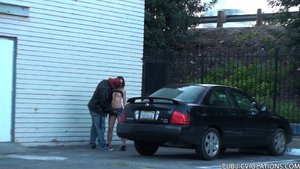 Meeting behind a building, next to a gate, a guy in a leather jacket fucks her cunt