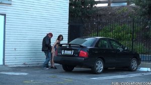 Meeting behind a building, next to a gate, a guy in a leather jacket fucks her cunt