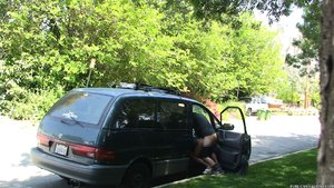 Pulling the van over, he bends his slut over the passenger seat and fucks her