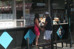 Pushing her against the storefront business, he makes out with this bombshell