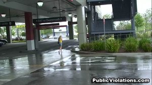 As she squats behind a car, this blonde in yellow is assaulted by a stranger