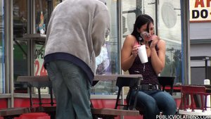 Surprised in public, she gets cum splashed all over her face and hands