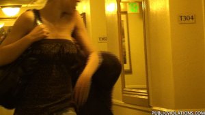 Golden locks secured in a bun, this petite whore gets violated in a hotel hallway