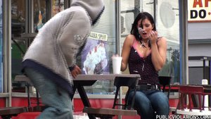 Surprised in public, she gets cum splashed all over her face and hands