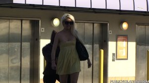 Assaulted in public, this blonde bombshell gets her yellow dress snatched down