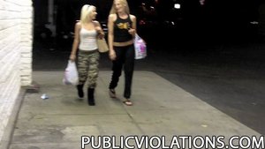 Two busty blondes saunter around town, going from store to store, being stalked