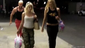 Sneaking up behind this blonde, he drags her bottom down, exposing her cunt