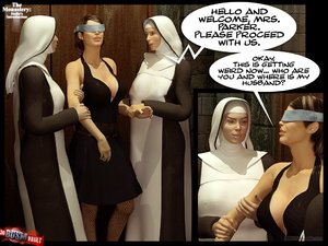 Blindfolded sexy wife tricked by crazy nuns, handcuffed and gagged in the basement dungeon